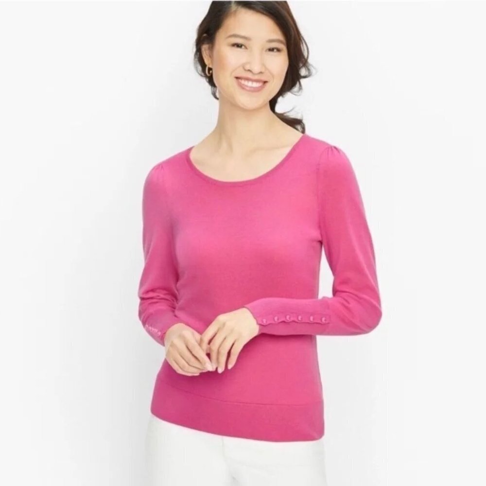 NWT New Talbots Merino Wool Puff Button Sleeve Pink Sweater Size M Petite
